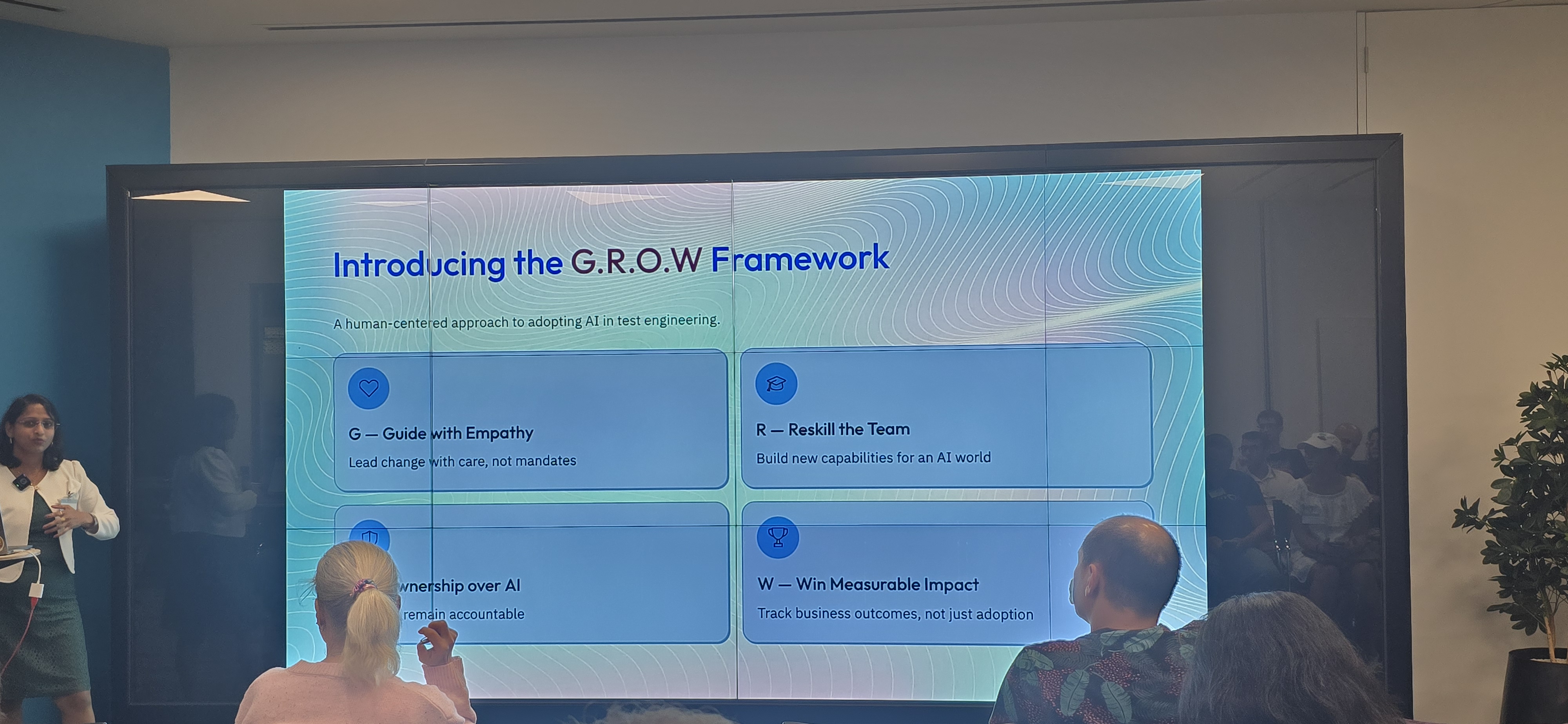 A photo of Preeto Gupta talk about the GROW framework image