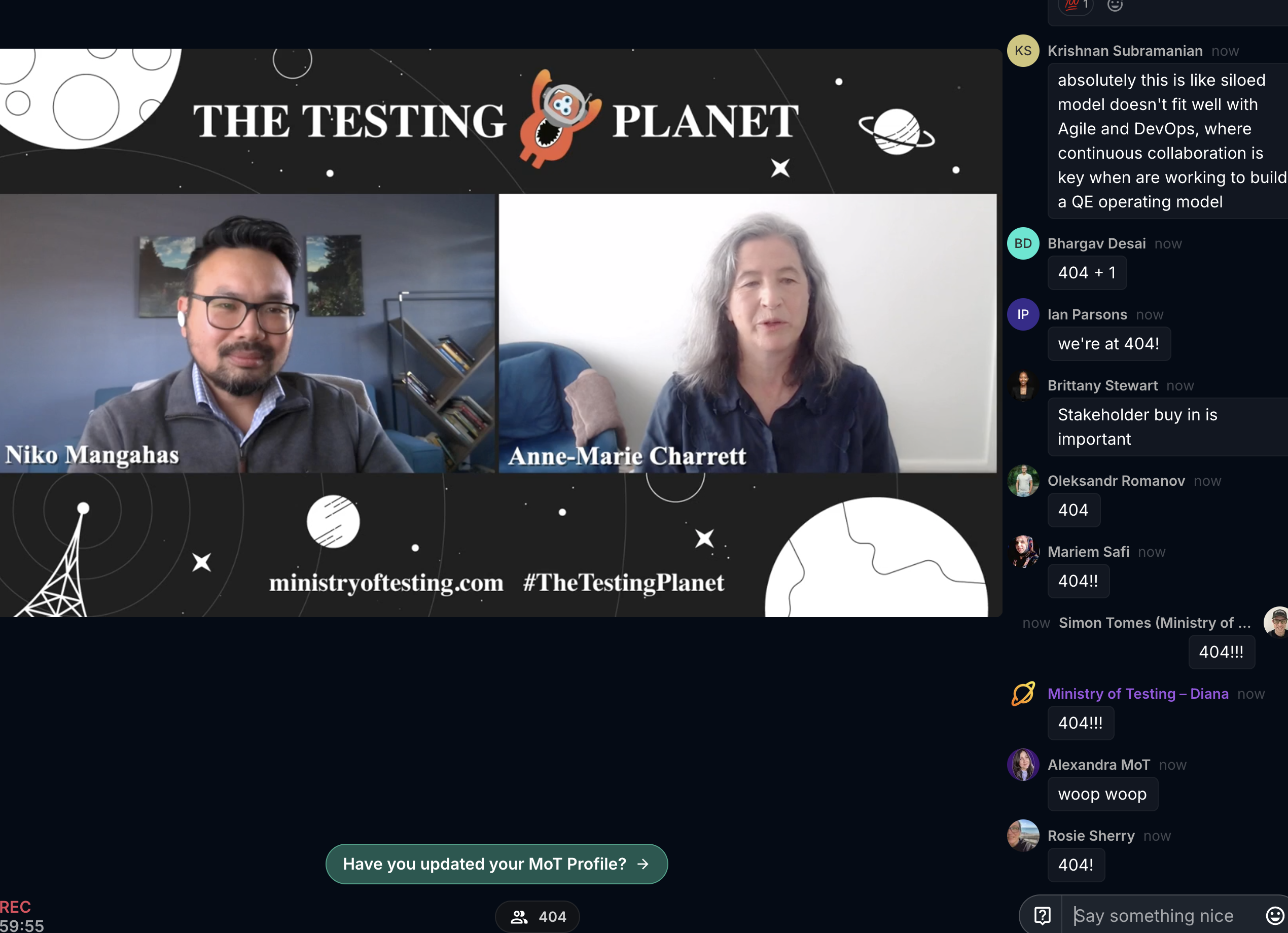 A screen shot of a recent online Testing Planet session with Anne-Marie Charrett and Niko Mangahas speaking, in the chat sidebar various people are celebrating 404 attendees.