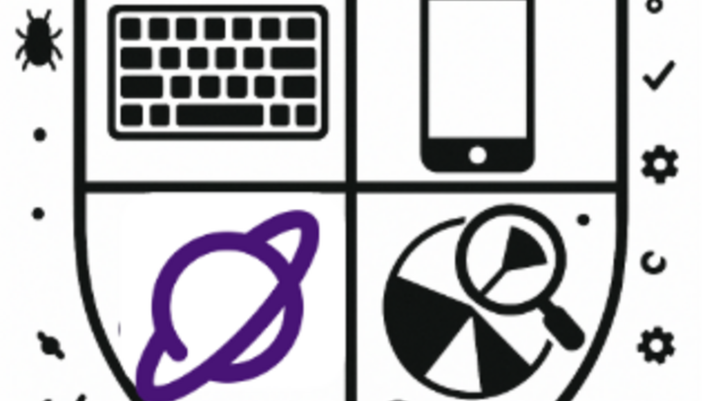 A shield with banners at the top and bottom. The top banner says Ady Stokes. In the four quarters of the shield are a keyboard, a mobile phone, a pie chart with a magnifying glass inspecting and the Ministry of Testing Planet logo. Everything is black and white except the purple planet. The bottom banner says Temptare Omnia. 