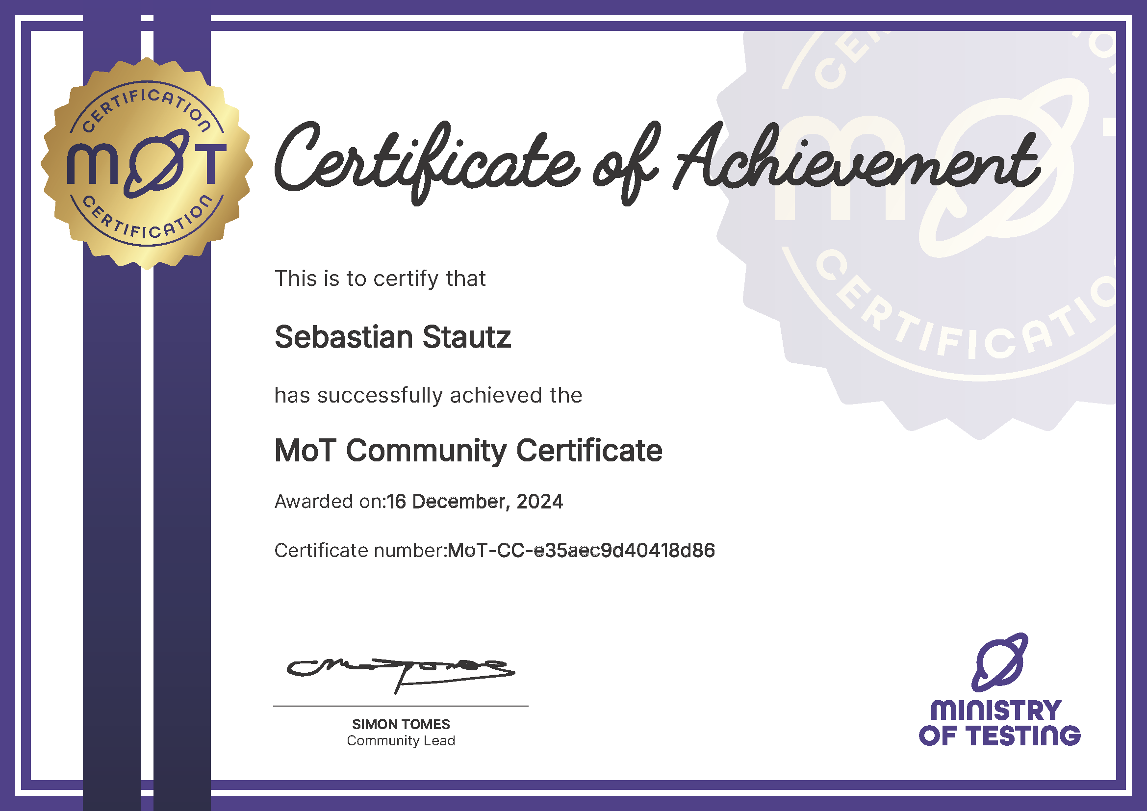 MoT Community Certificate certificate awarded to Sebastian Stautz