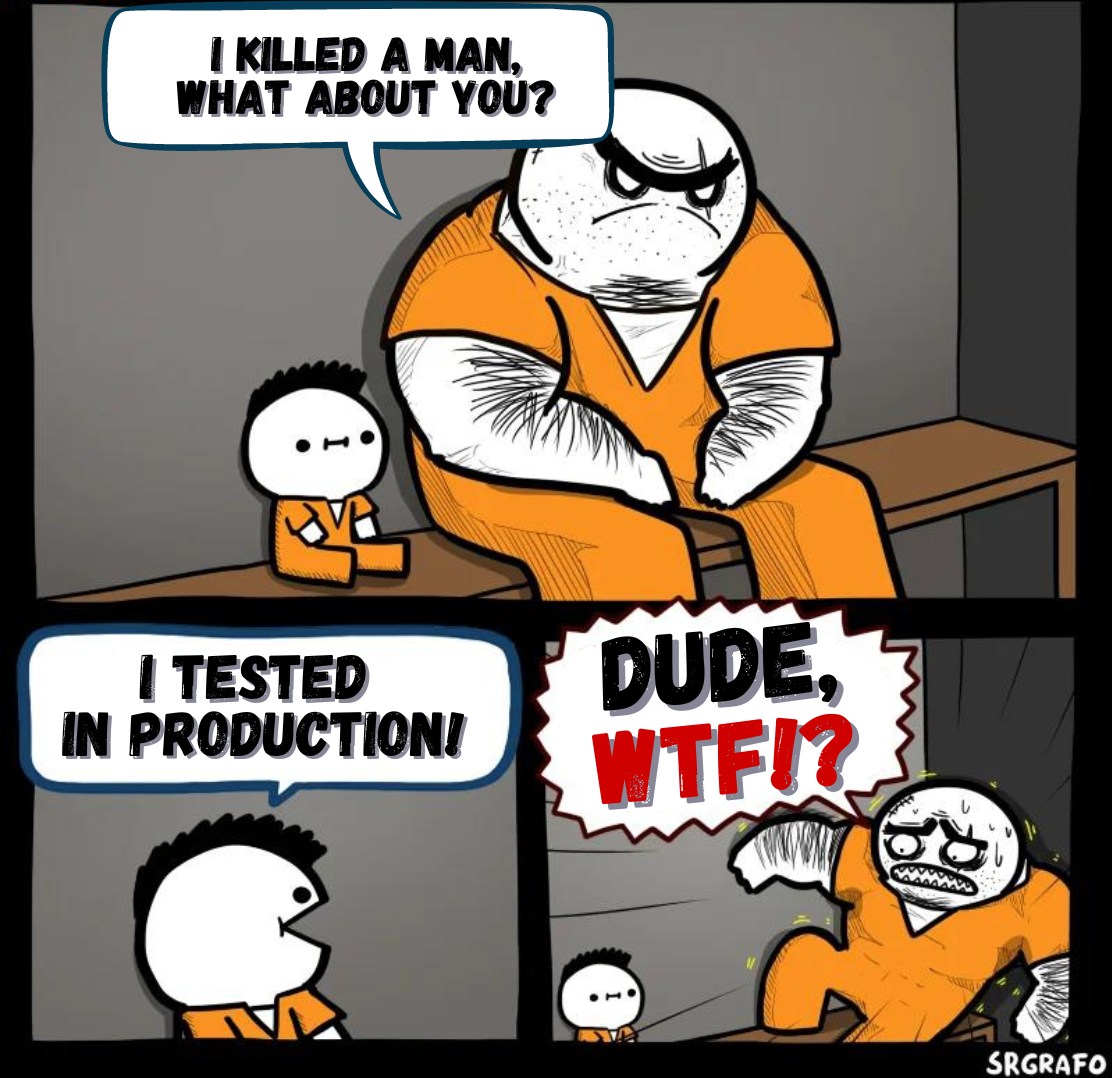 Meme template. Two prisoners in a cell. One shares that he killed a man. Another shares he tested in production. This scares the first prisoner a lot.