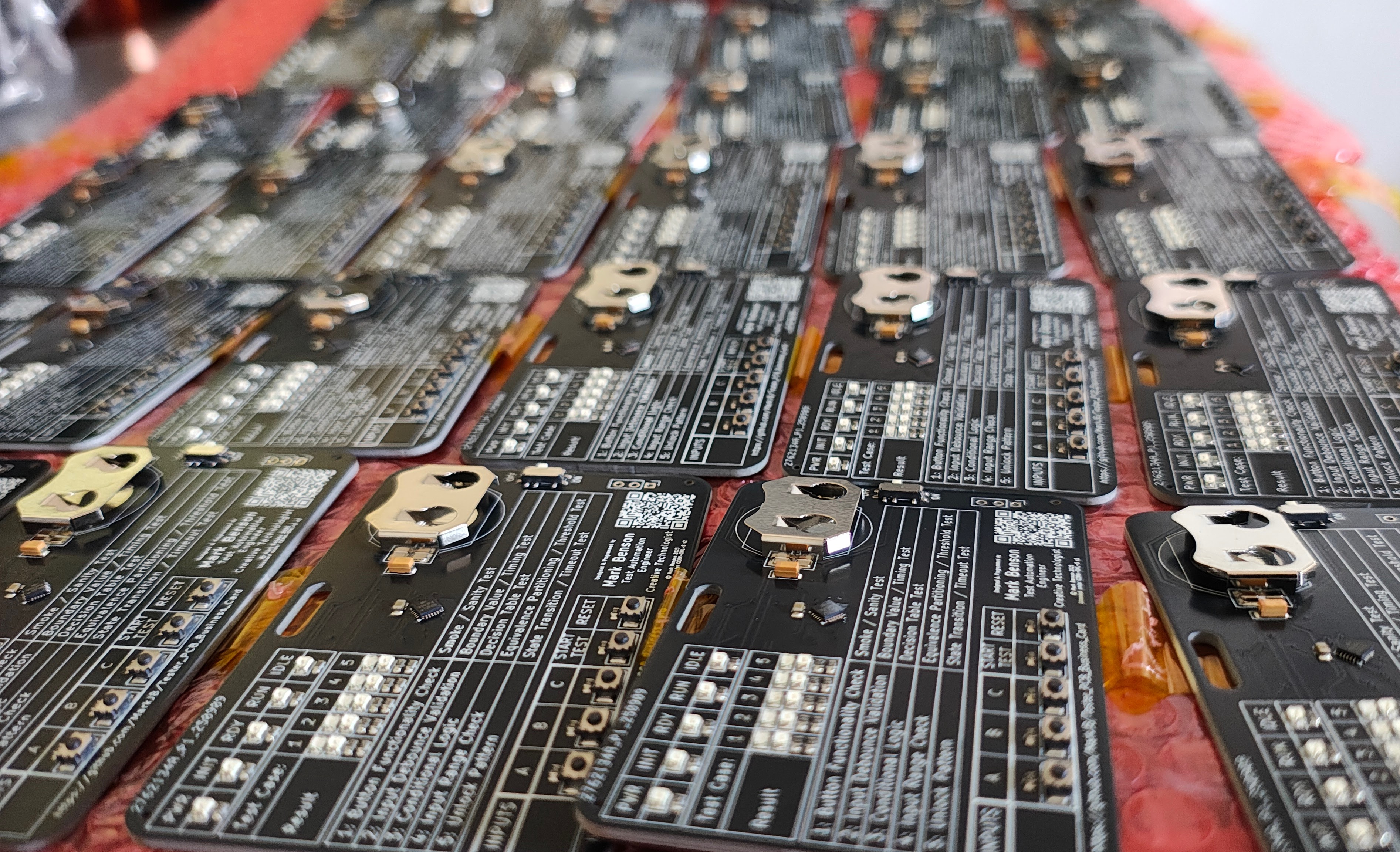 Photo of lots of PCB tester business cards laid out on a table ready for programming.