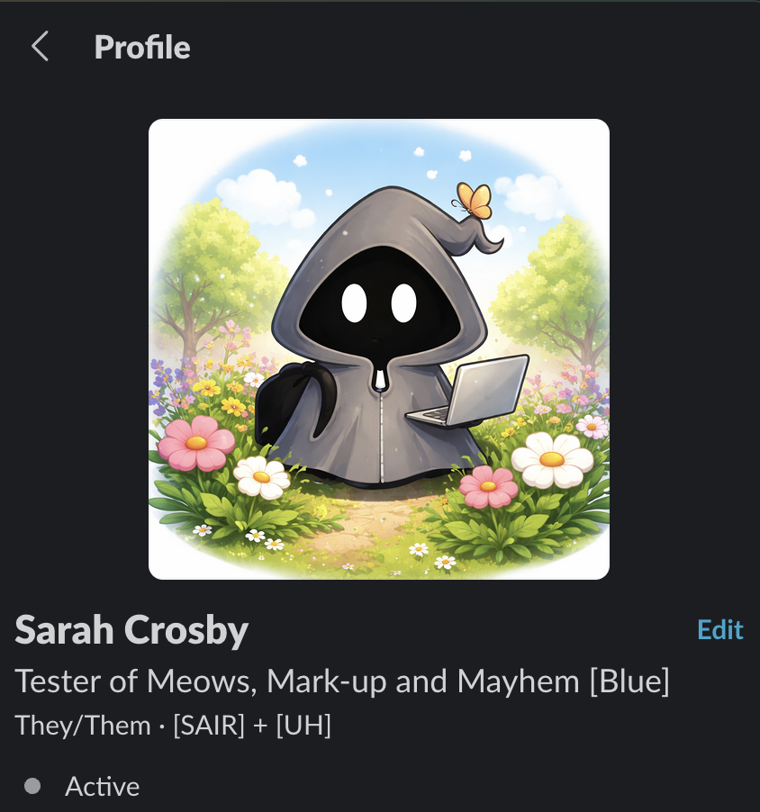 A Slack profile showing a Cartoon-style profile image of a small hooded ghost-like figure in a grey cloak, holding an... image