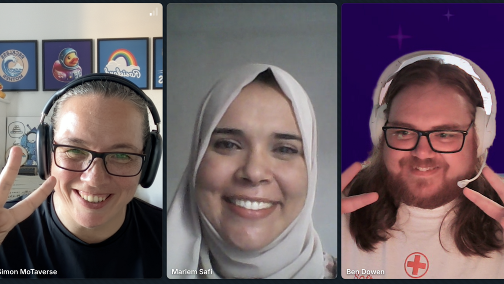 A screenshot of Rosie Sherry, Mariem SAFI and Ben Dowen all smiling for the shot.
