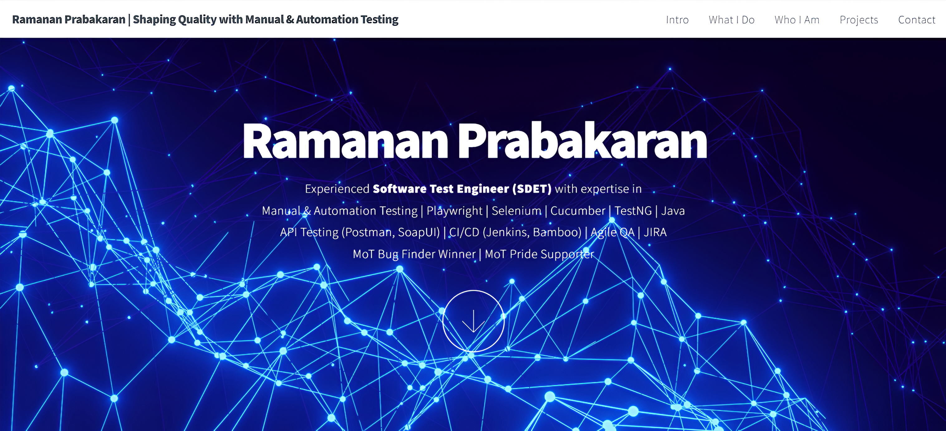 Screenshot of my SDET portfolio showcasing projects and professional highlights.