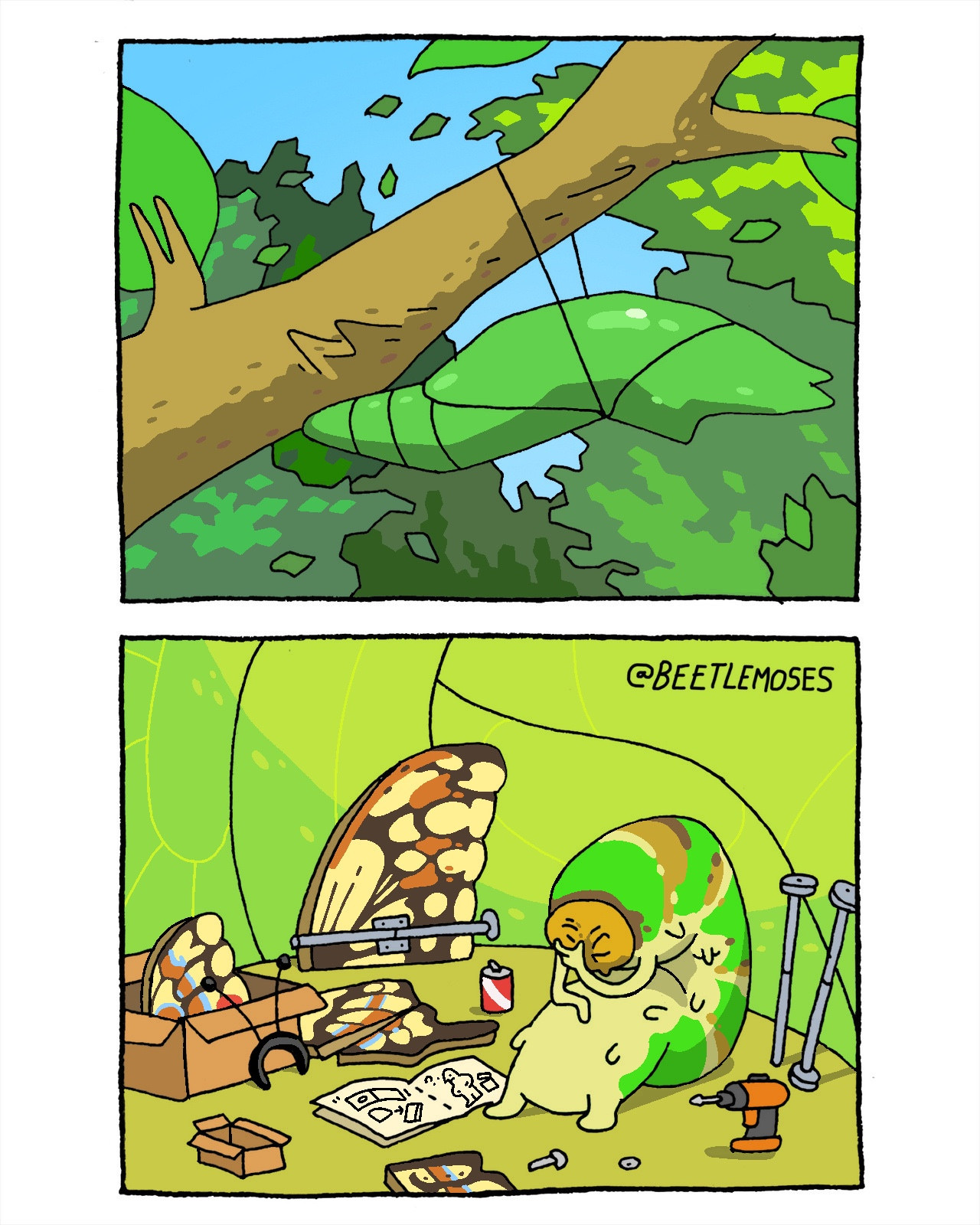 A two-panel comic by @beetlemoses.

The top panel shows a green chrysalis hanging from a tree branch in a forest.

The bottom panel shows the interior of the chrysalis, reimagined as a messy DIY workshop. A caterpillar sits on the floor with its head in its hands, looking stressed and overwhelmed. Scattered around it are butterfly wing parts, a box of components, an instruction manual resembling IKEA assembly guides, a power drill, and a soda can. One wing is partially assembled with metal hinges.