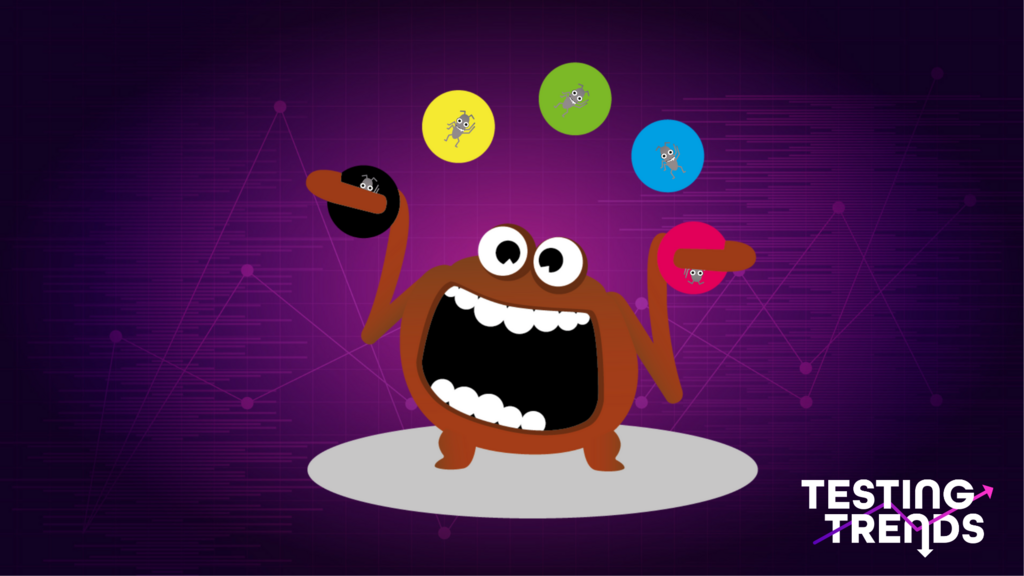 A stylized, brown, blob-like cartoon monster with large eyes and a wide, toothy grin is shown in a dynamic pose, juggling five colored spheres. Its two arms, which are also brown and blob-like, each hold two of the spheres, and the fifth sphere is suspended in the air above its head. The spheres are different colors: yellow, green, light blue, and pink. A fifth, black sphere is held in its left hand (on the right side of the image). Inside each of the four colored spheres is a small, gray, insect-like creature with antennae and multiple legs, looking surprised or alarmed.  The monster itself is standing on a white, circular platform. The background is a dark purple color with a subtle grid pattern of glowing, connected lines, suggesting a digital or technological theme.  In the bottom right corner, there is a logo that reads "TESTING TRENDS" in white sans-serif font, with a pink arrow pointing upwards to the right, suggesting growth or forward movement. The overall style is whimsical and cartoonish, likely related to a software or technology theme, possibly a mascot for the "Testing Trends" brand.