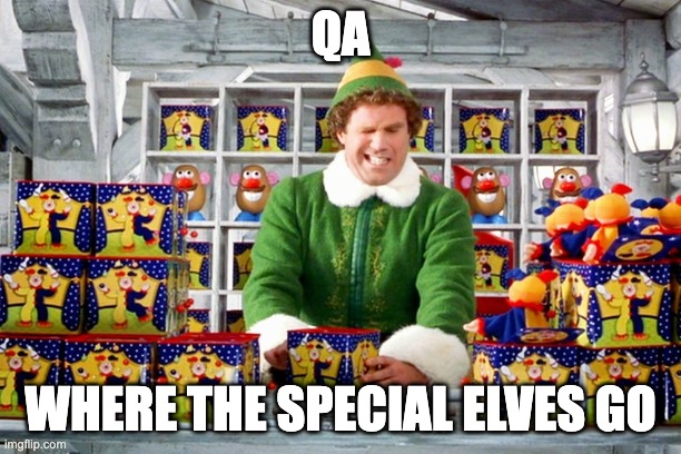An image from the movie Elf where he has been sent to test the toys. He is sitting in front of the toys nervous about when the Jack in the Box will pop up.