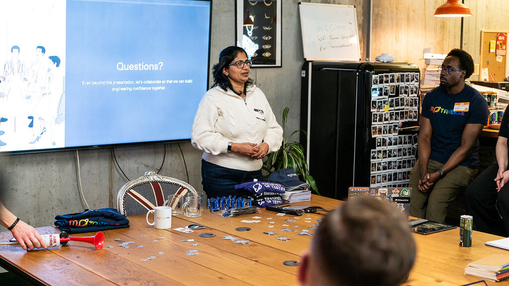 A photo of Priyanka Banthia delivering a great 99 second talk at MoT London image