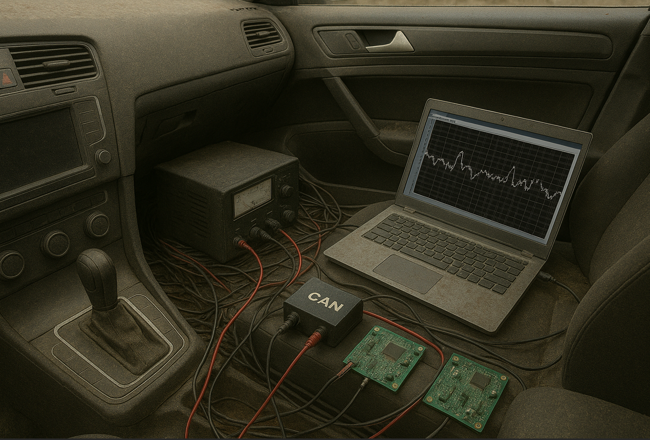 A laptop displaying a signal graph sits on the passenger seat of a car, connected by cables to CAN interface hardware, circuit boards, and a power supply unit positioned in the footwell, illustrating a typical in-car setup for testing automotive software.