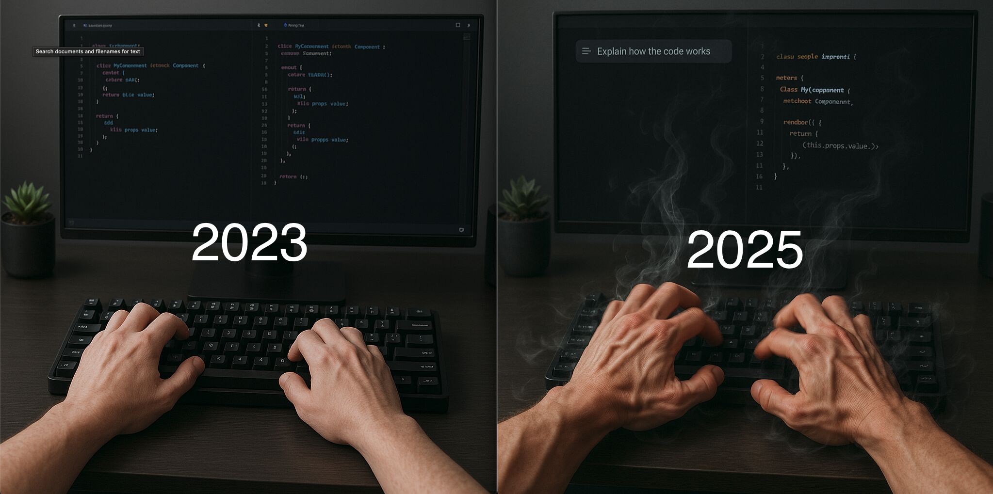 Photo on the left is on hands writing tests on a laptop looking health - photo on the right is muscly huge hands pumped from writing prompts when writing tests.