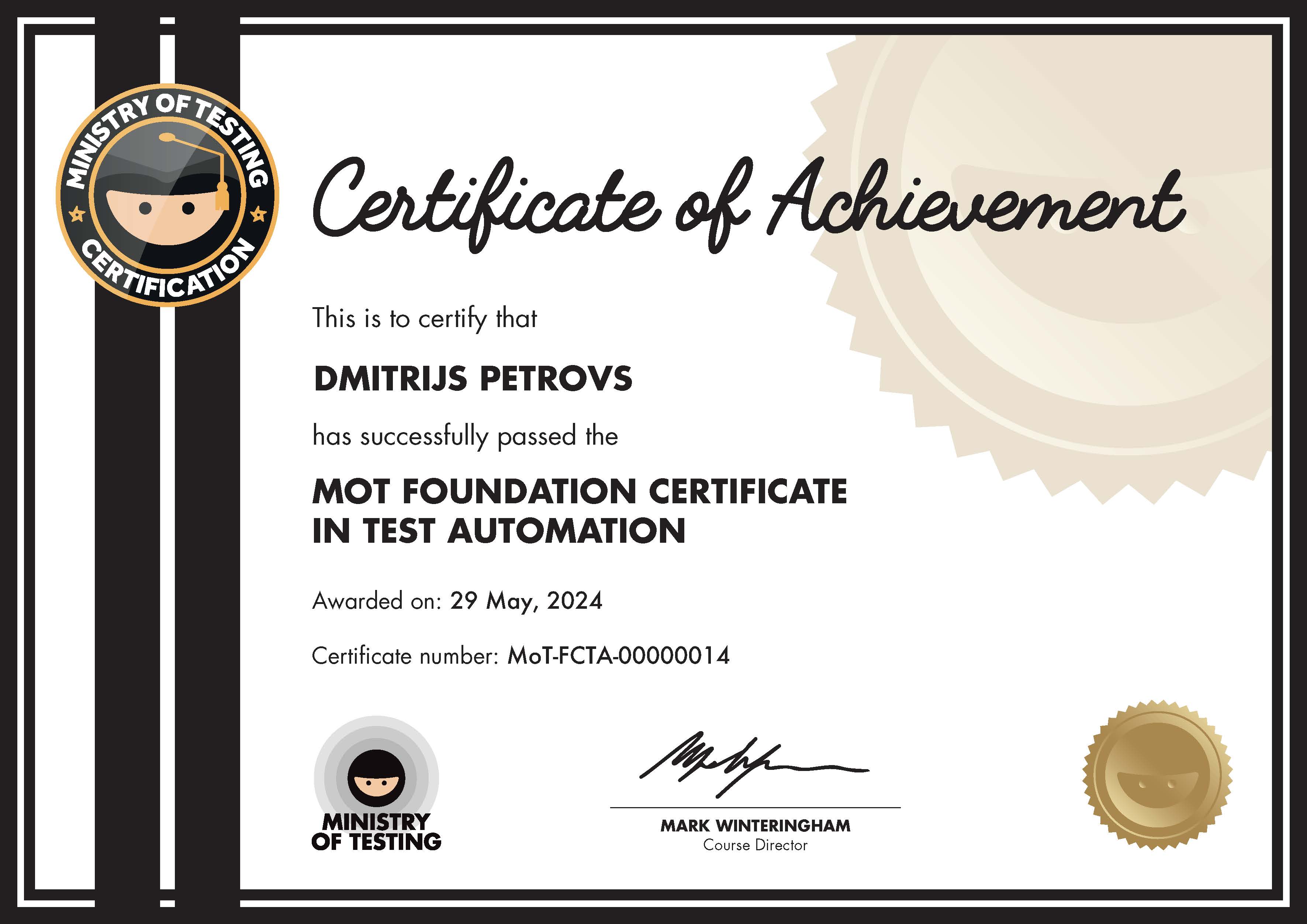 MoT Foundation Certificate in Test Automation certificate awarded to Dmitrijs Petrovs image