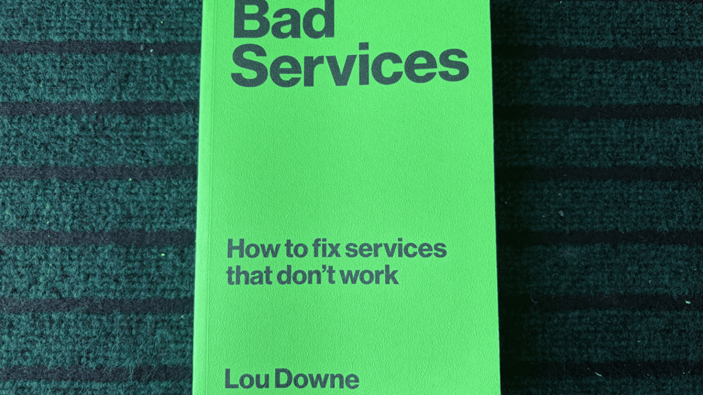 A rotating gif of photos of the book 'bad services'. They are visually pleasing. image