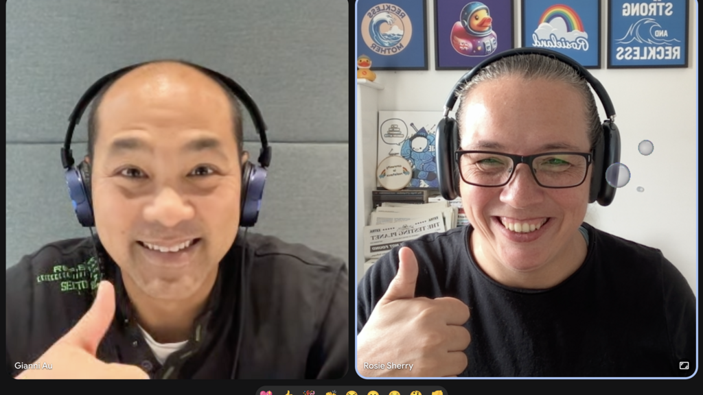 Screenshot of happy Gianni and Rosie in a virtual call.