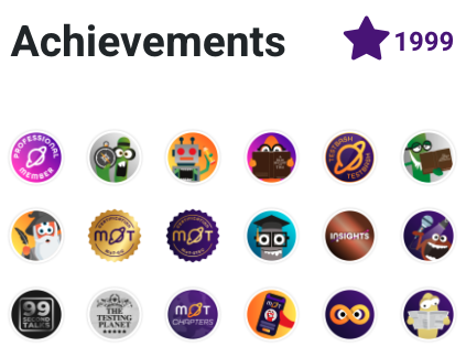 Profile page achievements showing 1999 community stars and the first 18 badges