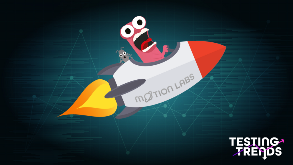 A large pink cartoon monster with wide red eyes and a gaping mouth is in the cockpit of a grey and red rocket with the "Motion Labs" logo on the side. A small grey bug is peering over the side of the rocket. The rocket is flying through a dark blue background with a white, grid-like pattern. In the bottom right corner, the "Testing Trends" logo is displayed in white and purple.