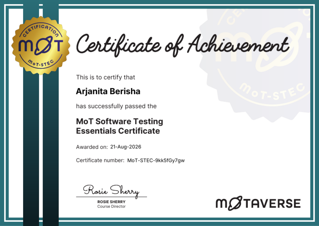 MoT Software Testing Essentials Certificate image