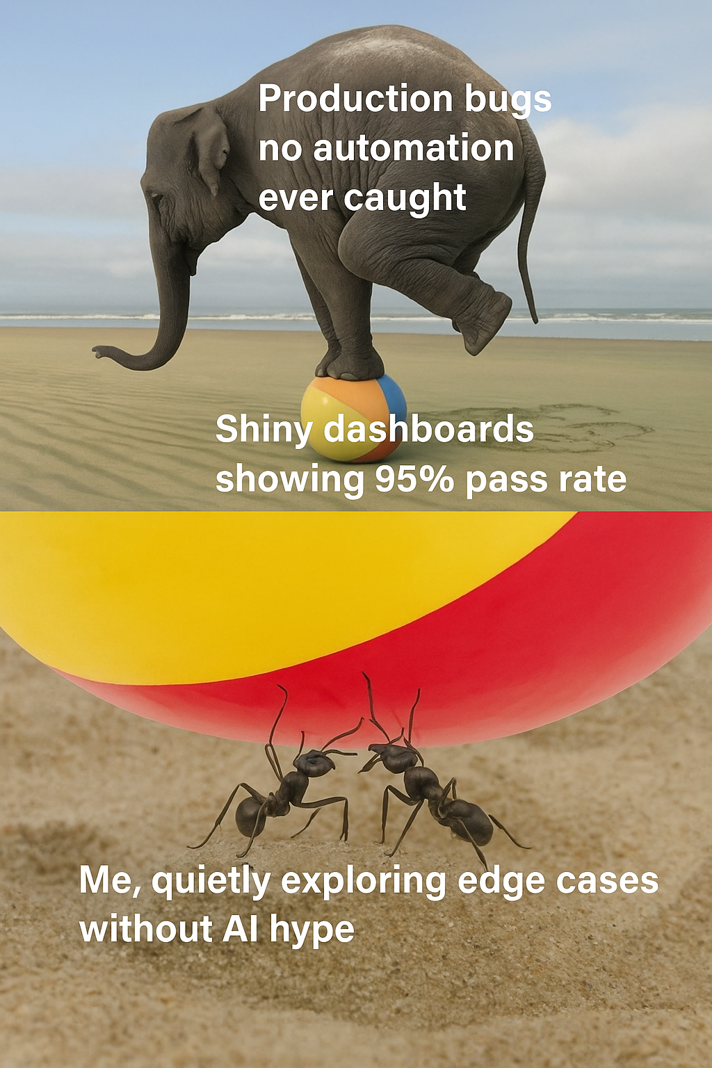A meme showing an elephant balancing on a beach ball, labeled “Production bugs no automation ever caught,” with the ball labeled “Shiny dashboards showing 95% pass rate,” and ants under the ball labeled “Me, quietly exploring edge cases without AI hype.”