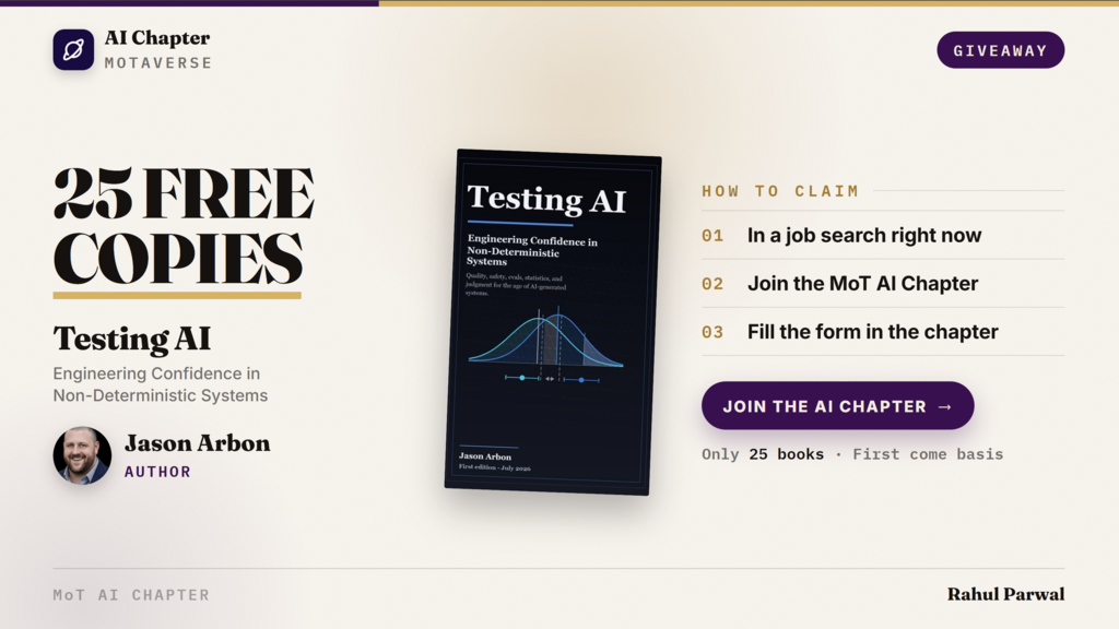 Jason Arbon is giving 25 copies of his new book to testers who are currently job searching through our MoTaverse AI C... image
