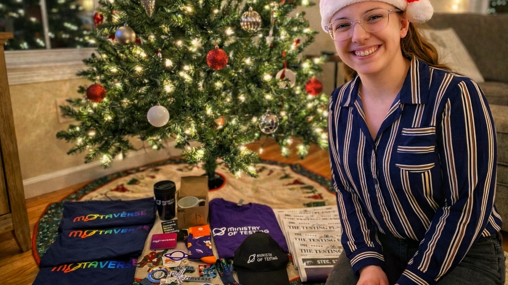 A ChatGPT created picture of Emily O’Connor, a woman in a navy striped shirt, clear glasses and a Christmas hat, sits... image