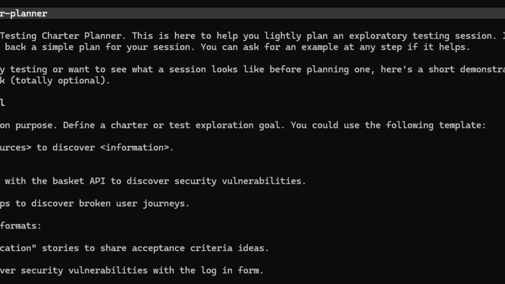 Screenshot of a terminal running a Claude exploratory session with the exploratory- testing-charter-planner skill. Th... image