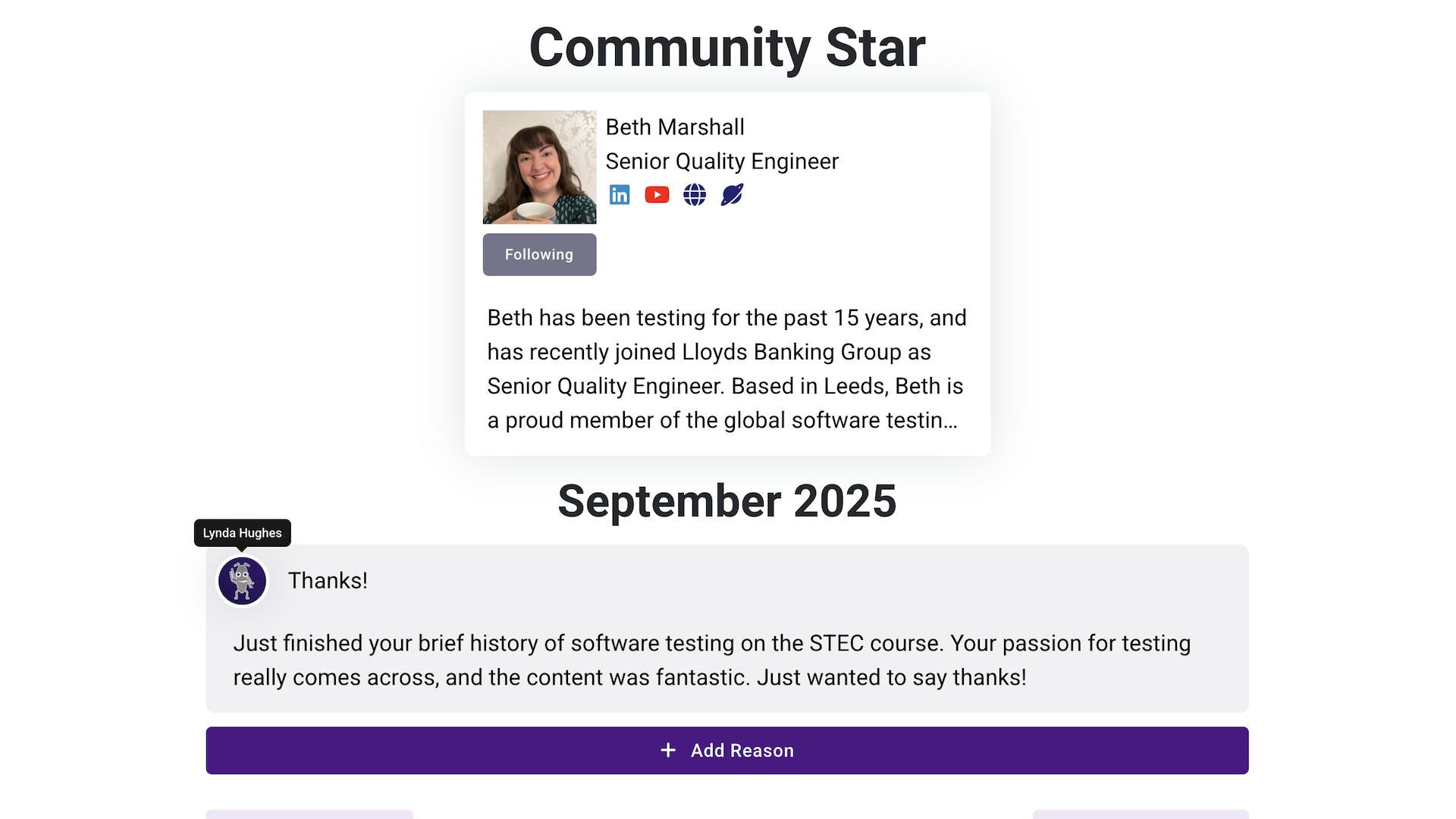 A website interface displaying a "Community Star" profile for Beth Marshall, a Senior Quality Engineer, alongside a comment from Lynda Hughes praising a course on software testing.