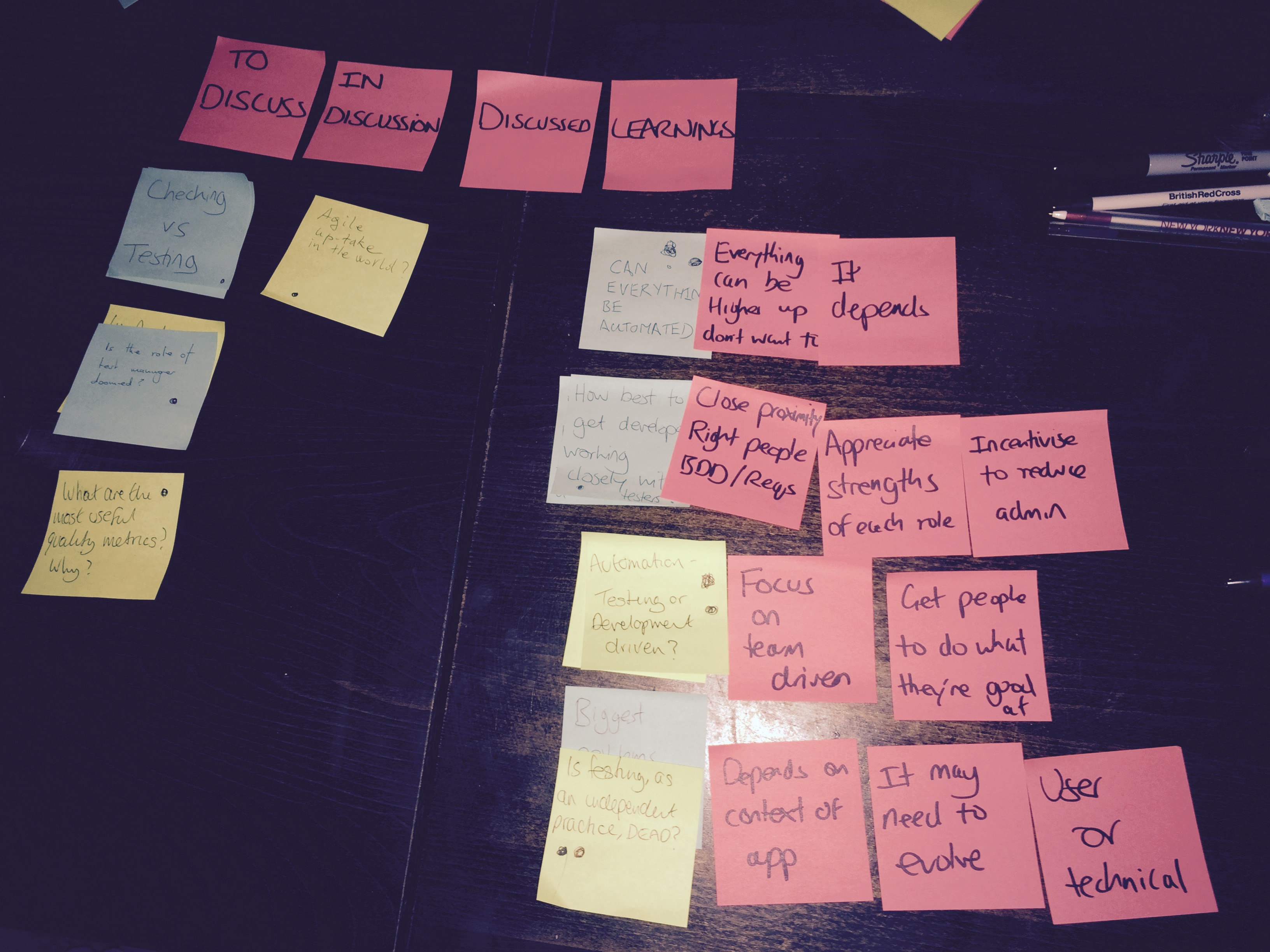 This image shows a table covered in colourful sticky notes with various phrases and questions written on them. It appears to be a brainstorming session or a planning meeting, likely about software development and testing.

Here are some of the key themes and phrases that stand out:

Testing &amp; Development: "Checking vs Testing," "Agile," "Automation Testing or Development driven?" "Focus on team driven"
Process &amp; Roles: "Everything can be automated," "How best to get [developers?] working," "Appreciate strengths of each role," "Get people to do what they're good [at]"
Efficiency &amp; Budget: "Incentivize to reduce admin," "Budget," "Is testing...prudent?"
User Focus: "Depends on context of app," "It may need to evolve," "User or technical"
The notes suggest a discussion about optimizing development processes, potentially by introducing automation, improving team dynamics, and focusing on user needs. The different coloured sticky notes might indicate different categories or levels of priority for the topics.