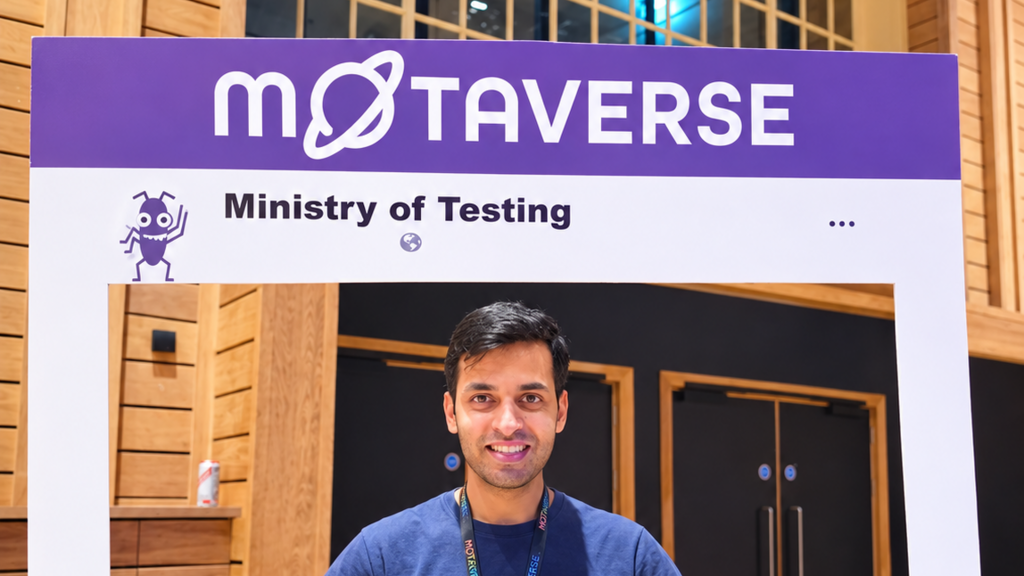 My picture posing behind a Ministry of Testing photo frame. image
