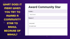 The image shows a dark purple and yellow screen with the title "Award Community Star". On the left side in yellow text, it asks, "WHAT DOES IT MEAN WHEN YOU TRY TO AWARD A COMMUNITY STAR TO RAHUL B... image
