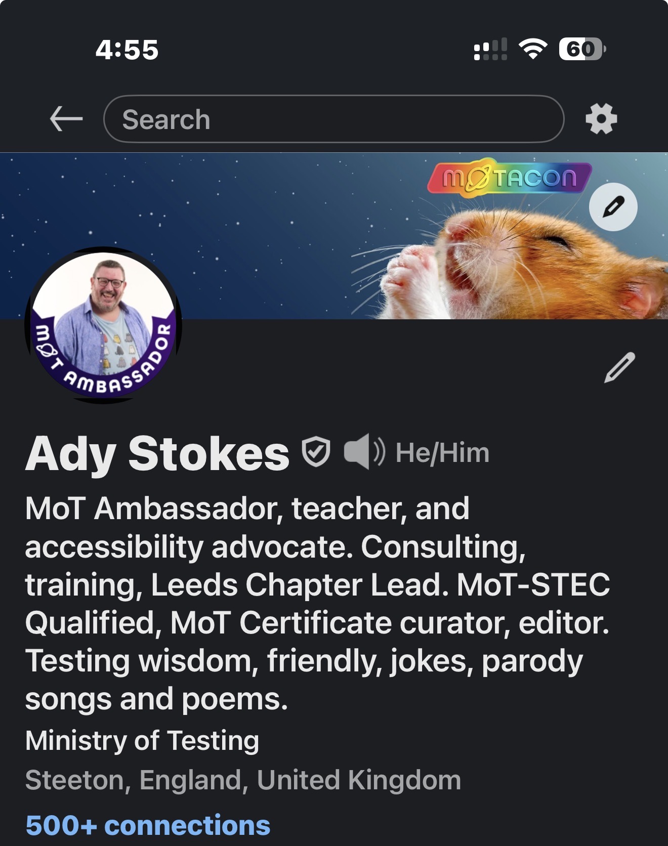 LinkedIn profile of Ady Stokes with a hamster and MoTaCon logo on it image