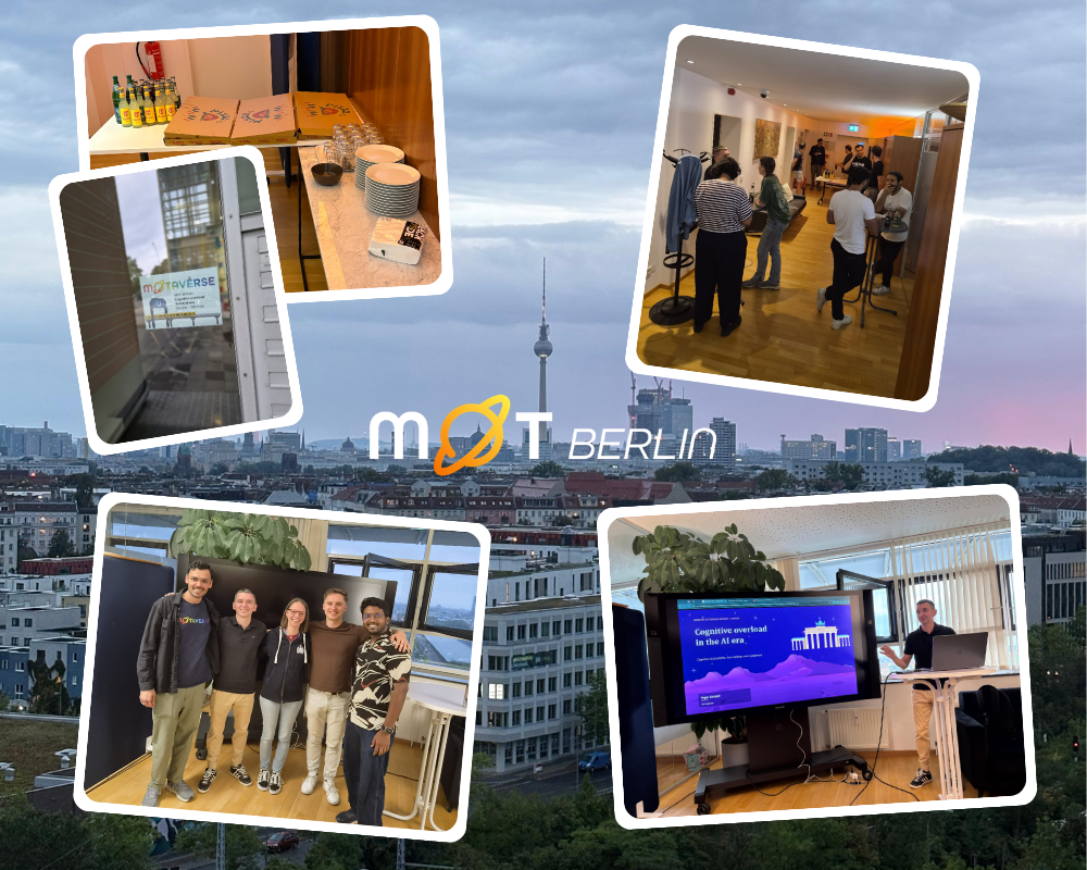 Photo collage promoting MoT Berlin (Ministry of Testing Berlin), overlaid on a dusk skyline view of Berlin with the T... image