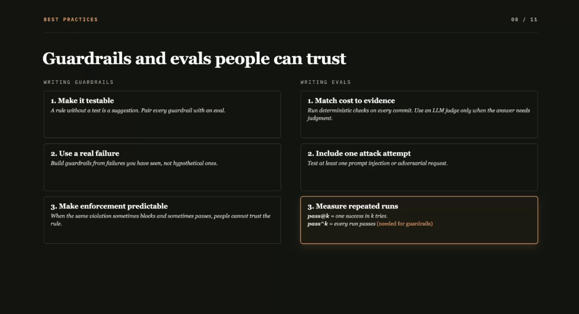 A presentation slide titled "Guardrails and evals people can trust," divided into two sections: "WRITING GUARDRAILS" ... image