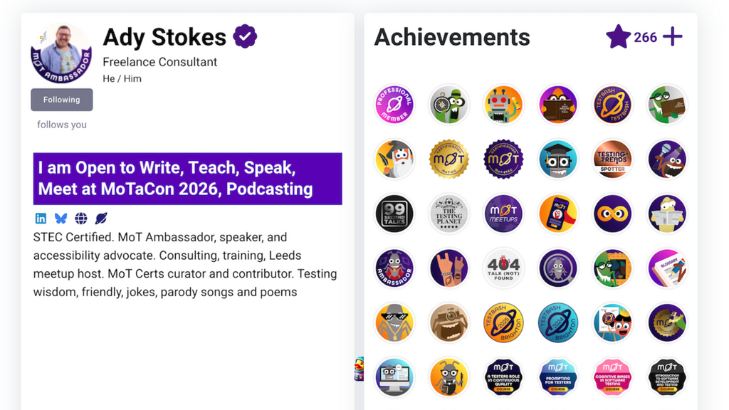 The top section of a Ministry of Testing profile page for Ady Stokes. There is a grid of badges. A bug, a space duck and a space seagull have been hidden in the image.