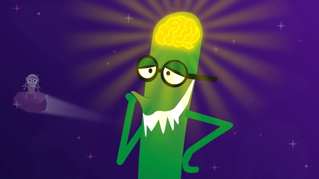 A long green cartoon creature with a glowing yellow brain at the top of its head, wearing glasses, and a mischievous smile with jagged white teeth. It has its hands together under its chin as if it's plotting something. In the background, a small grey bug sits on a floating rock.
