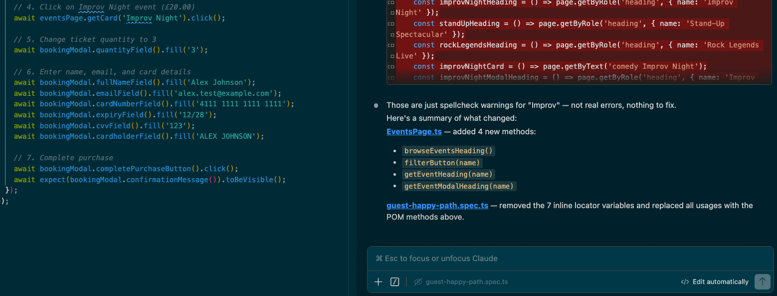 A screenshot of visual studio code (an editor) showing a noddy happy-path test and the claude diff when abstracting s... image