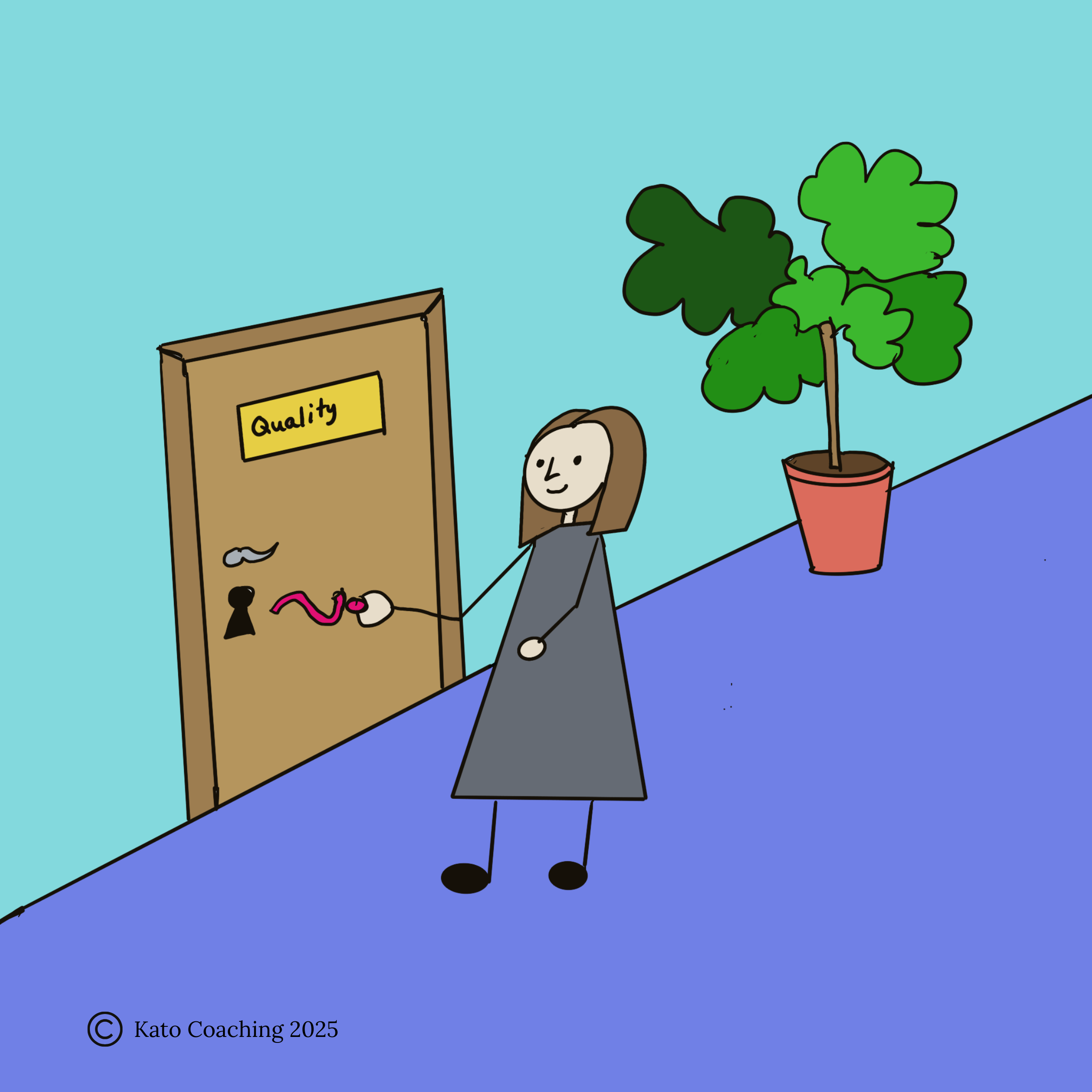 A female reading person on a dark grey dress is unlocking a door that says "Quality" with a key shaped like a question mark. 