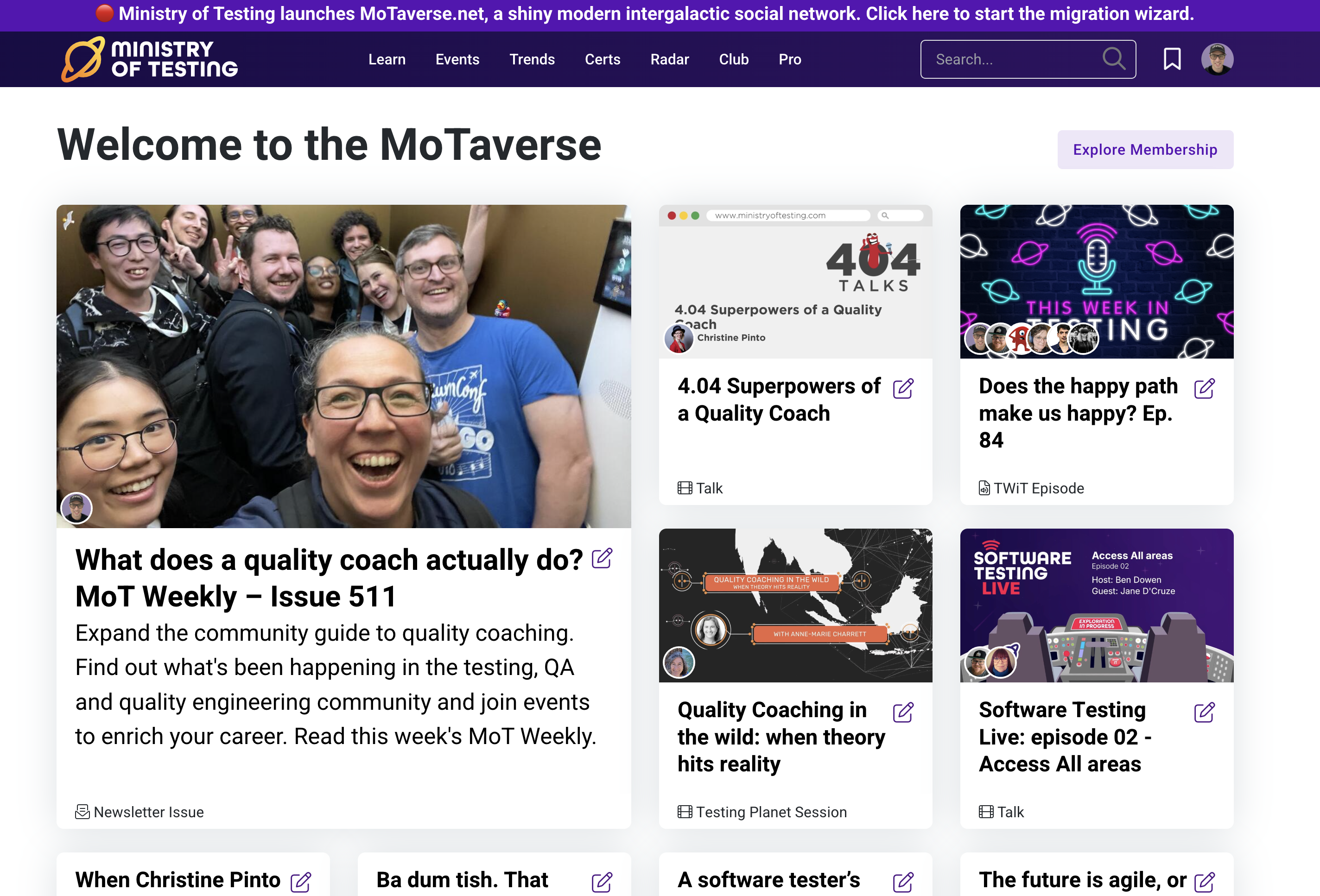 The image shows a web page titled "Welcome to the MoTaverse" from the Ministry of Testing website. The page features a grid layout with various content tiles, including articles, podcasts, and talks related to software testing and quality assurance.

A banner at the very top of the page announces: "Ministry of Testing launches MoTaverse.net, a shiny modern intergalactic social network. Click here to start the migration wizard."

The website has a clean design with a white background and blue/purple accents. It appears to be a hub for resources and community related to software testing.