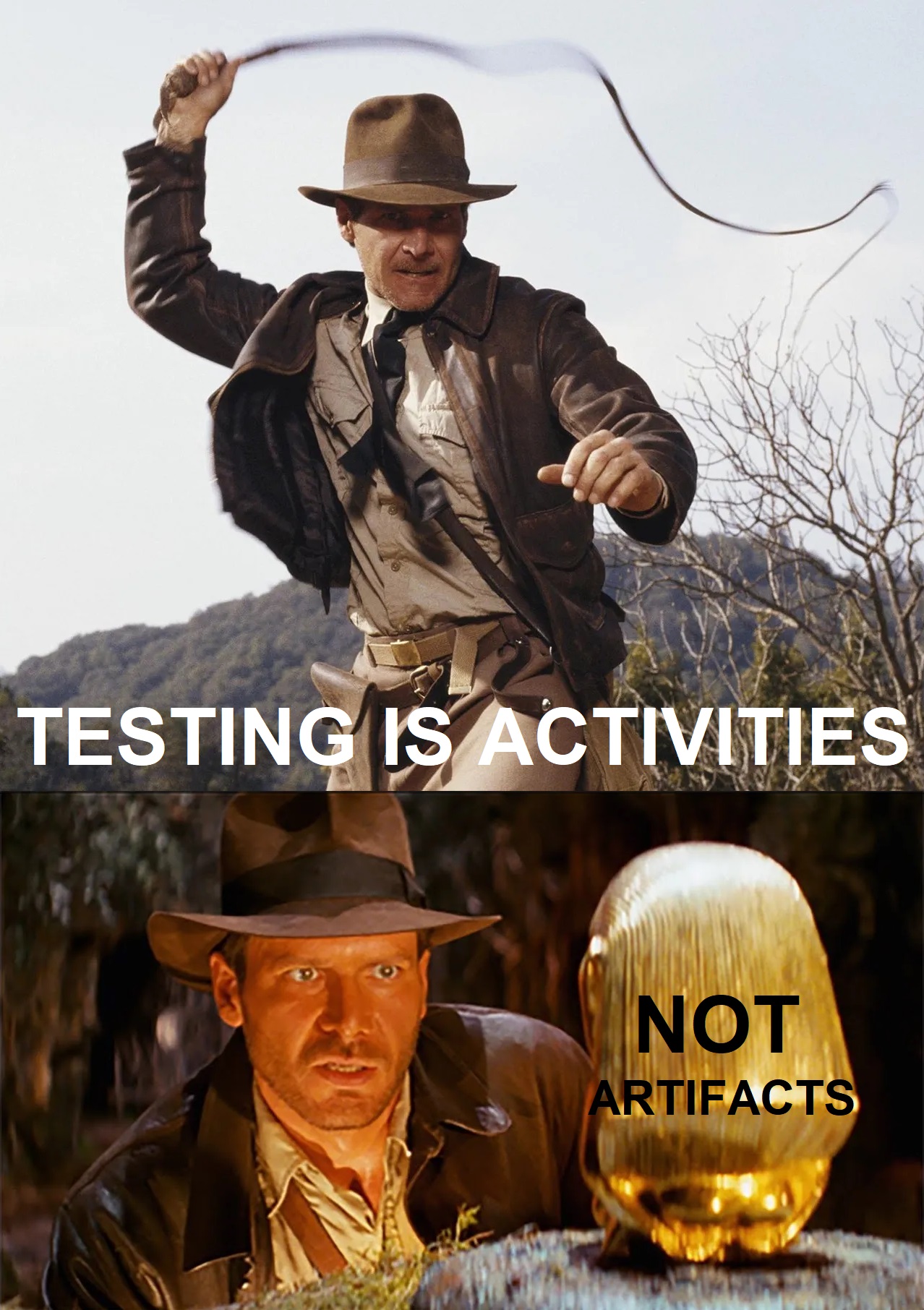 The top half of the picture is Indiana Jones cracking his whip with the text "Testing is Activities". The bottom half is Indiana Jones staring at a gold statue with the text "Not Artifacts".
