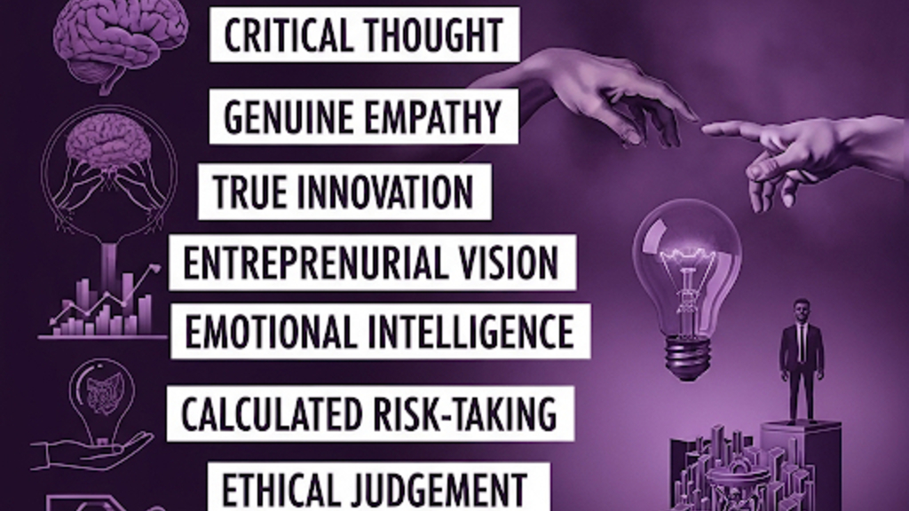With graphics of a person, lightbulb, brain and graphs it says, AI cannot replace these, then lists, critical thought, genuine empathy, true innovation, entreprenurial vision, emotional intelligence, calculated risk-taking, ethical judgement, human intuition. 