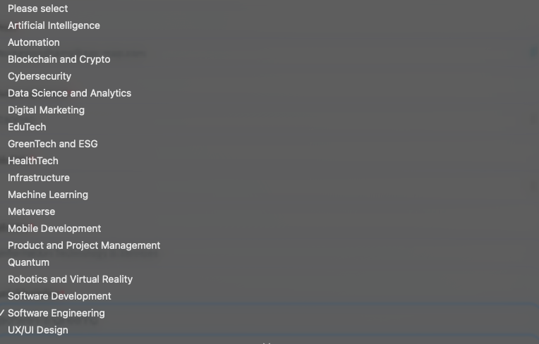 Screenshot of a list of Tech Disciplines for a online tech conference. White test on a light grey background.