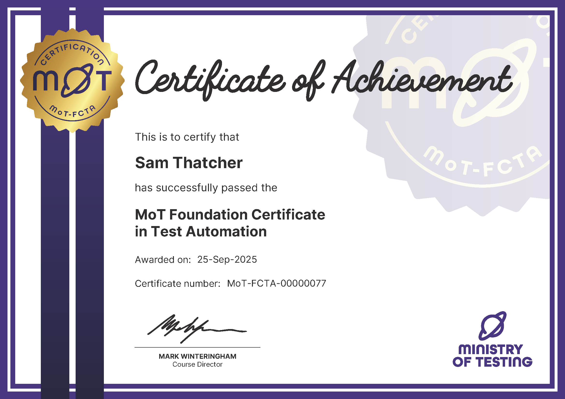 MoT Foundation Certificate in Test Automation certificate awarded to Sam Thatcher