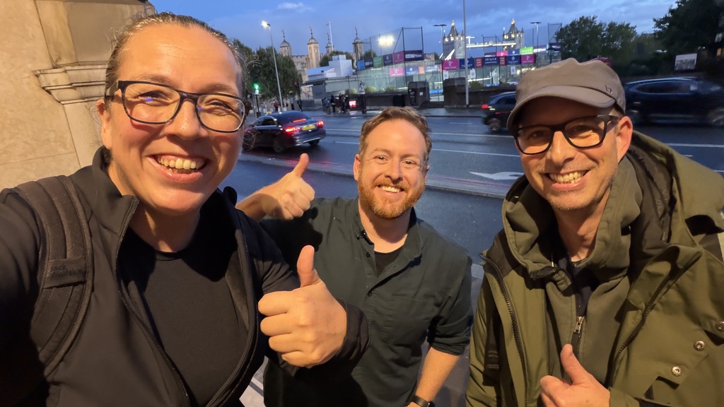 A selfie of Rosie, Simon and Andy, in London, by Tower Bridge. image