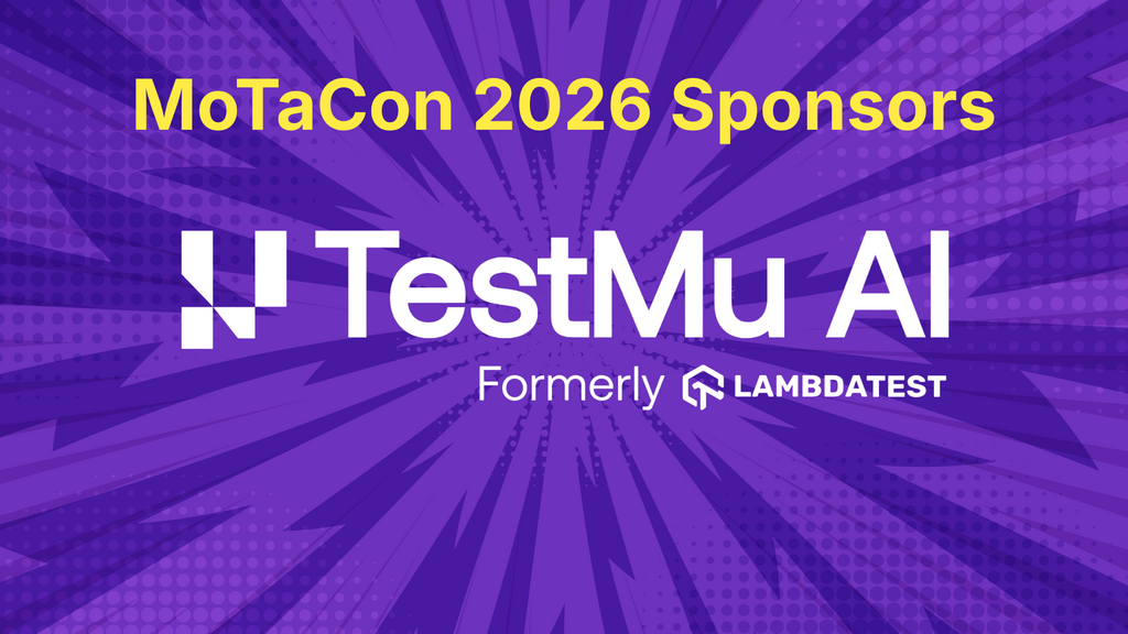 Purple background image with TestMu AI (formerly Lambdatest) logo and the title MoTaCon 2026 Sponsors image