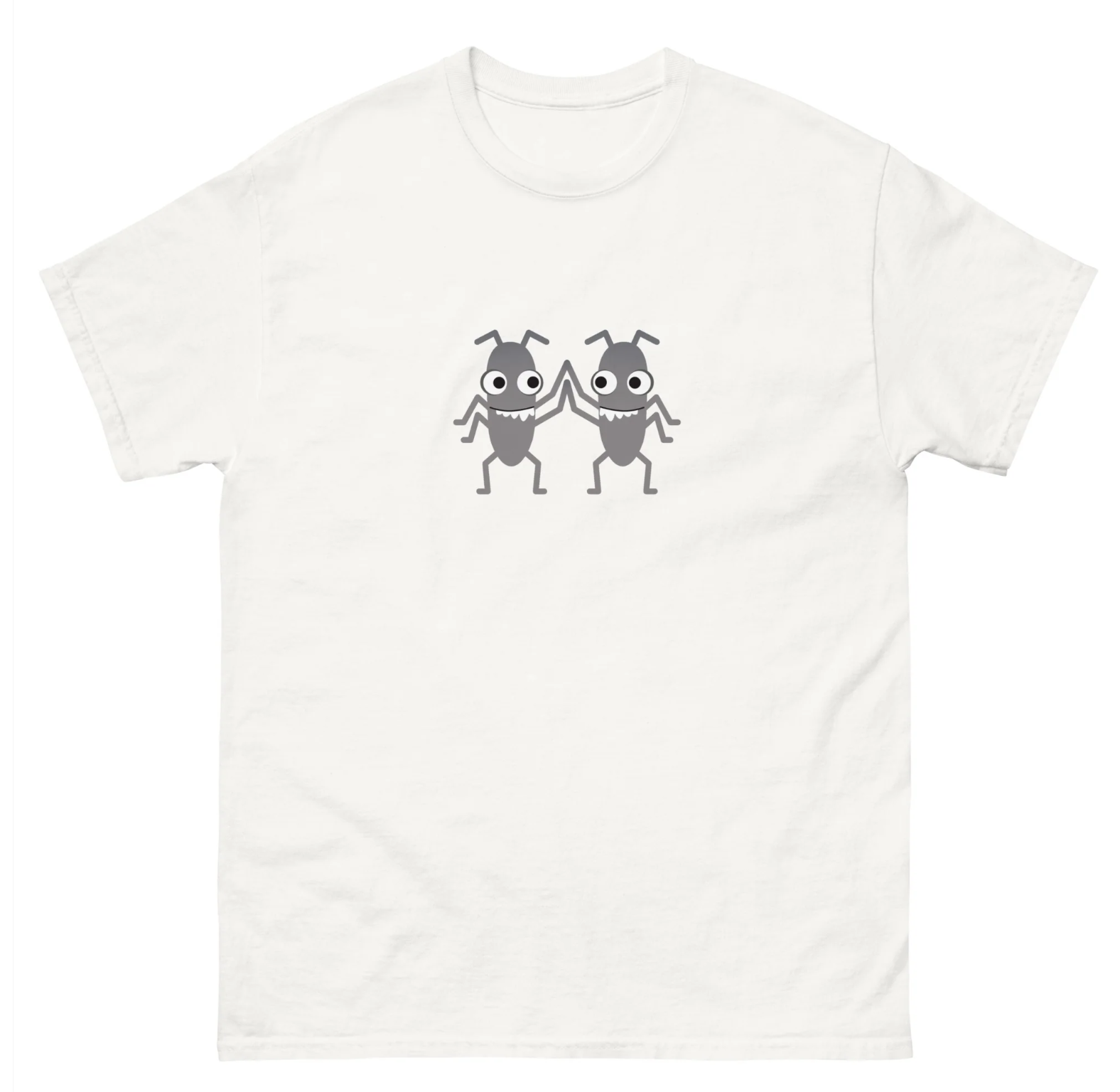 An image of a white tshirt with two bugs giving eachother a high five