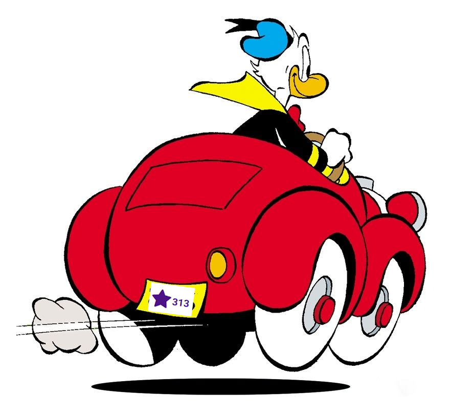Donald Duck drives his iconic small red car, shown from the back, with motion lines and a puff of exhaust behind it. ... image