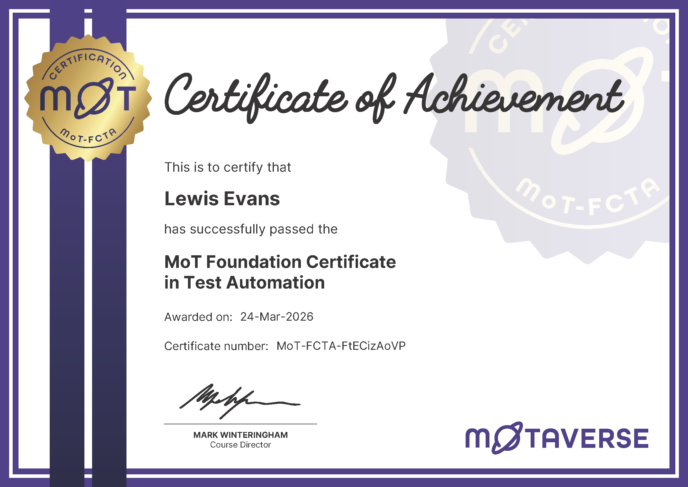 MoT Foundation Certificate in Test Automation certificate awarded to Lewis Evans image
