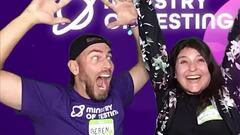 We have a gif that shows 2 attendees making the most of the Photo Booth at Test Bash 2024.  One attendee has ministry of testing merch on, a purple MoT tee with a hat and the other wears a floral c... image