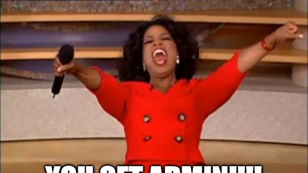 Oprah Winfrey meme: Oprah stands on her talk show stage in a red blazer, mouth open mid-shout with both arms thrown u... image