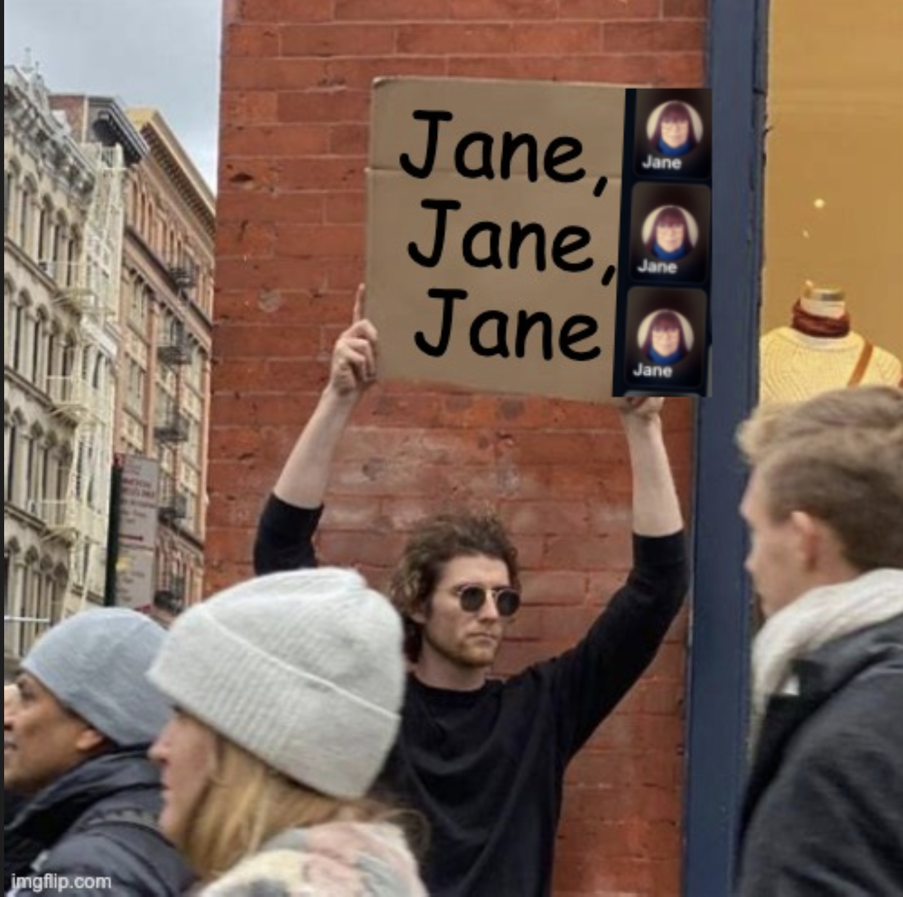 Man with sign that says "Jane, Jane, Jane" alongside a screenshot of 3 Janes joining the TWiT virtual stage.