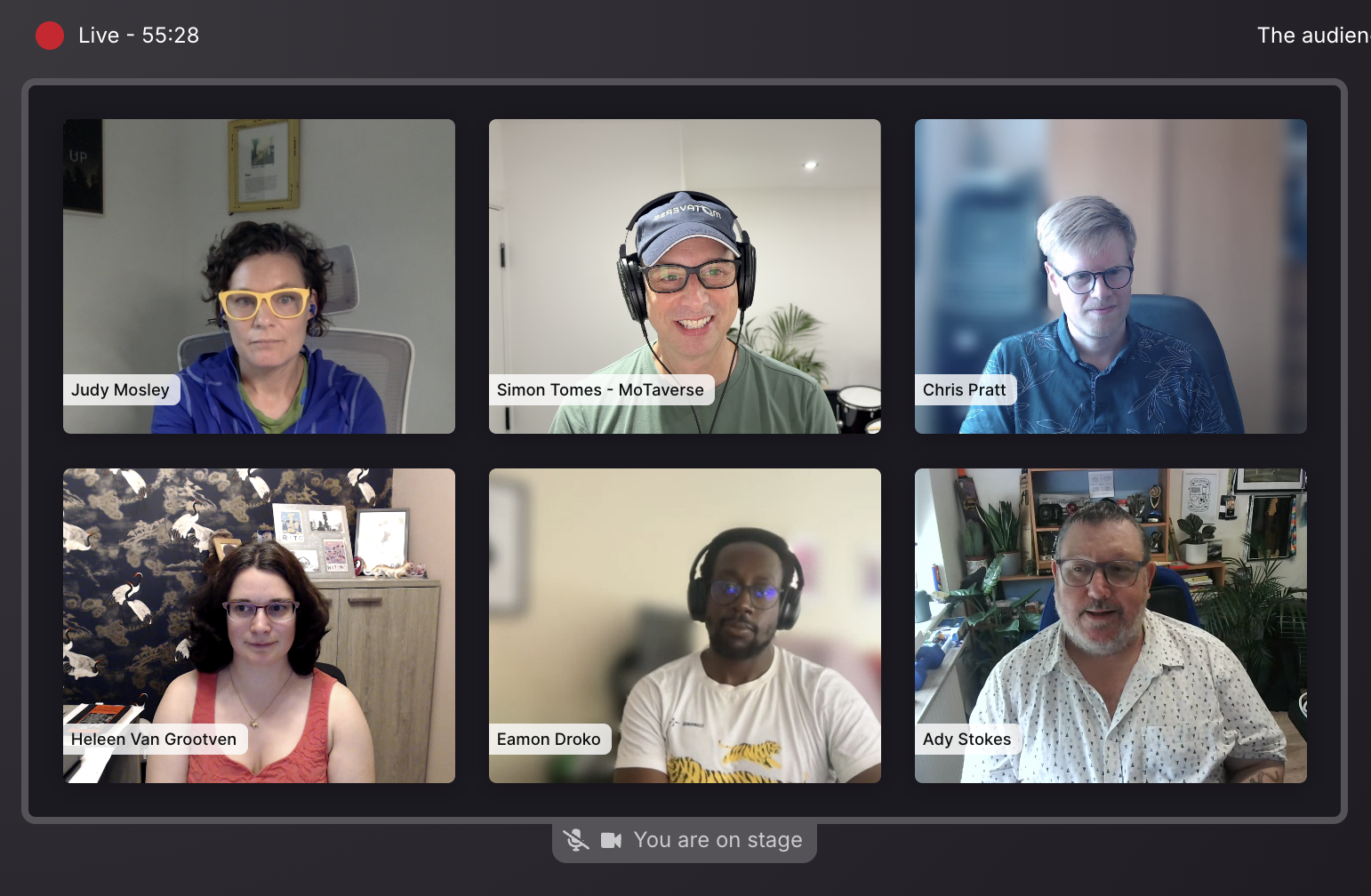 A screenshot of a live online panel discussion featuring six participants in a grid layout. Top row left to right: Ju... image